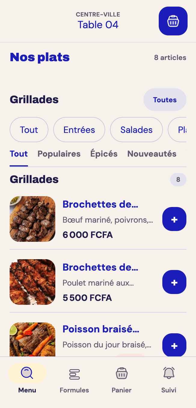 Menu d’un restaurant dans l’application client Digi Resto
