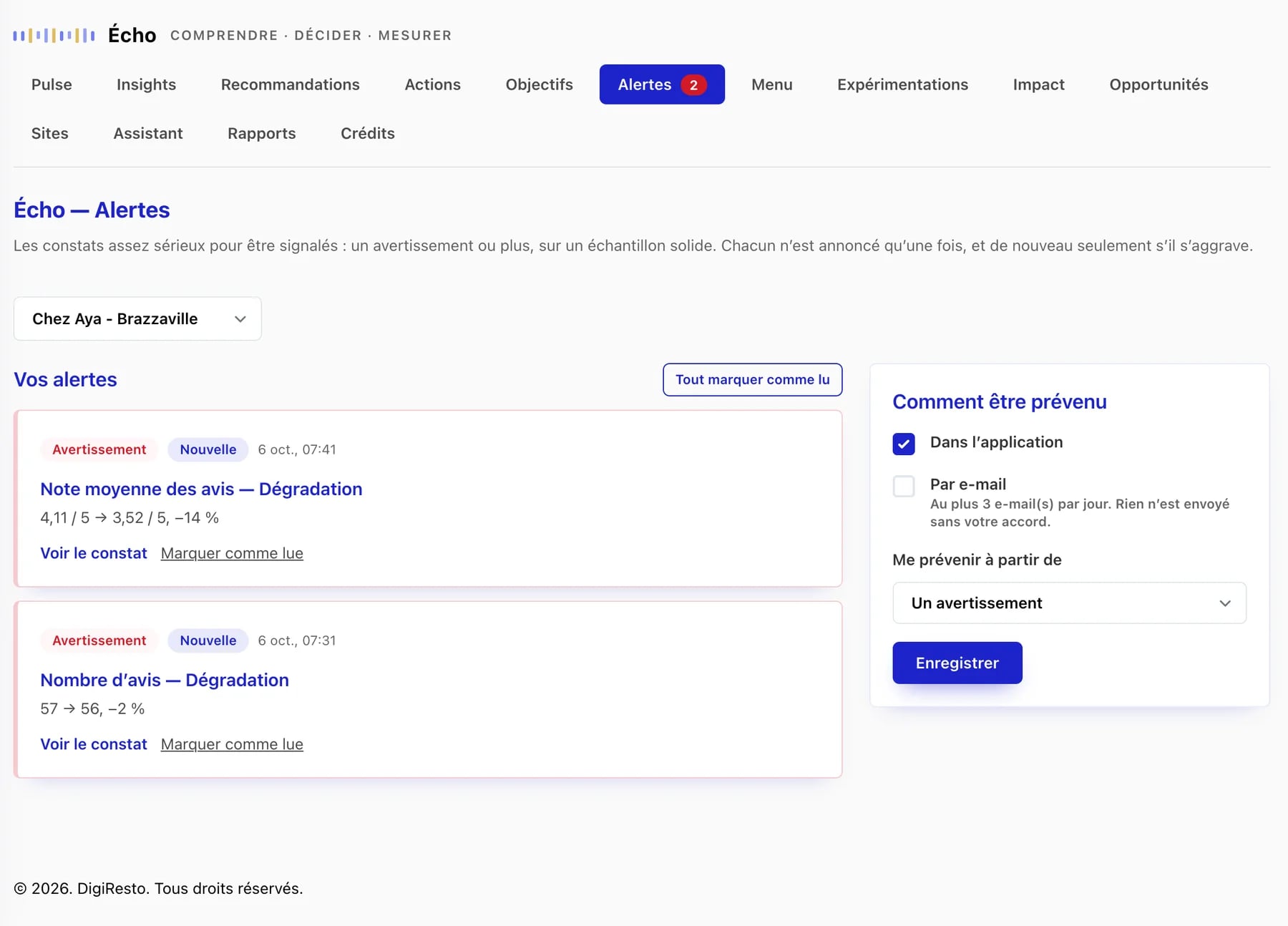 Écran Alertes d’Écho : alertes récentes et préférences de notification