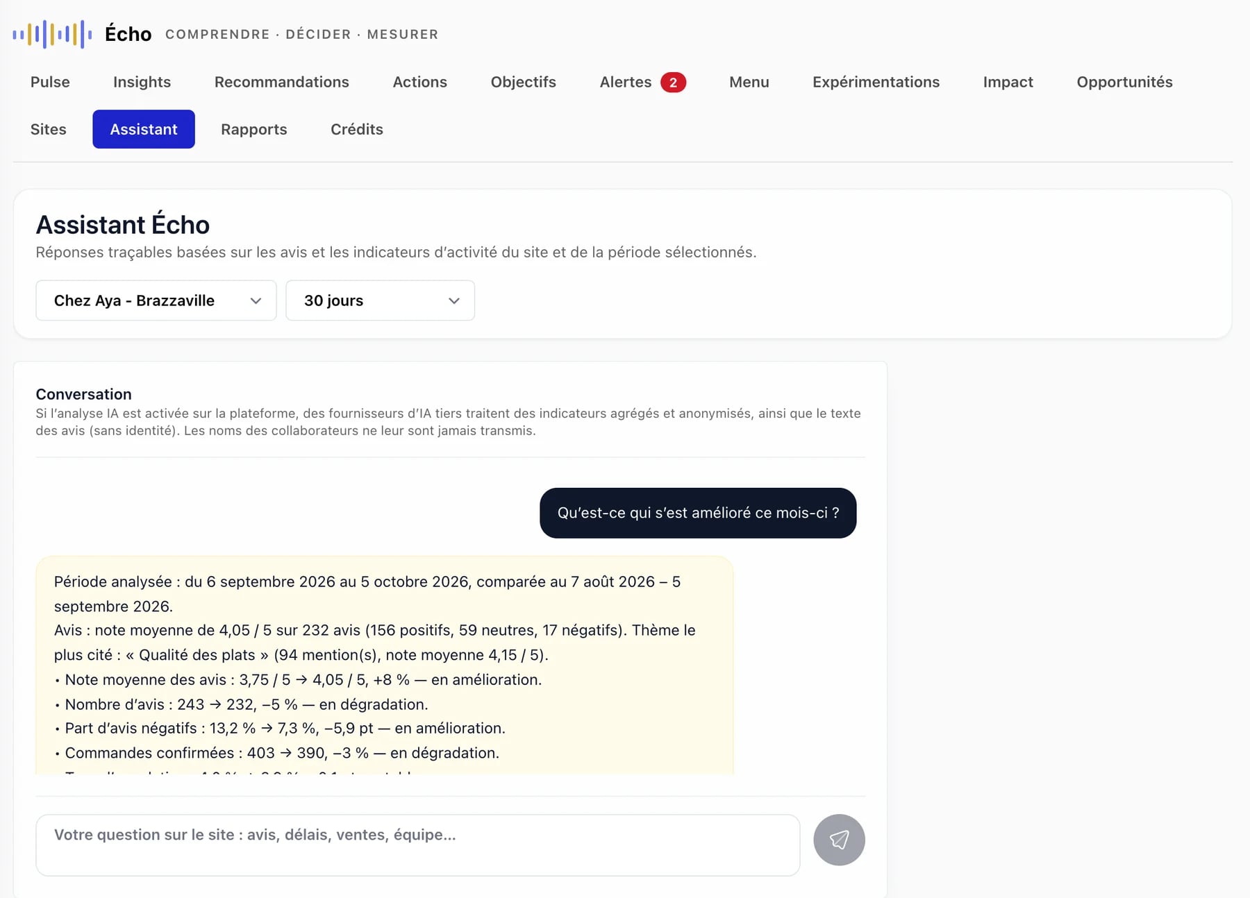 Écran Assistant d’Écho : une question et sa réponse chiffrée