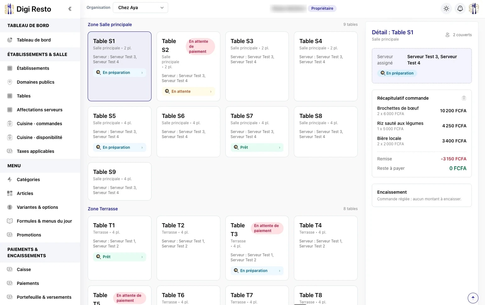 Écran Caisse du back-office Digi Resto : le montant à encaisser de chaque table